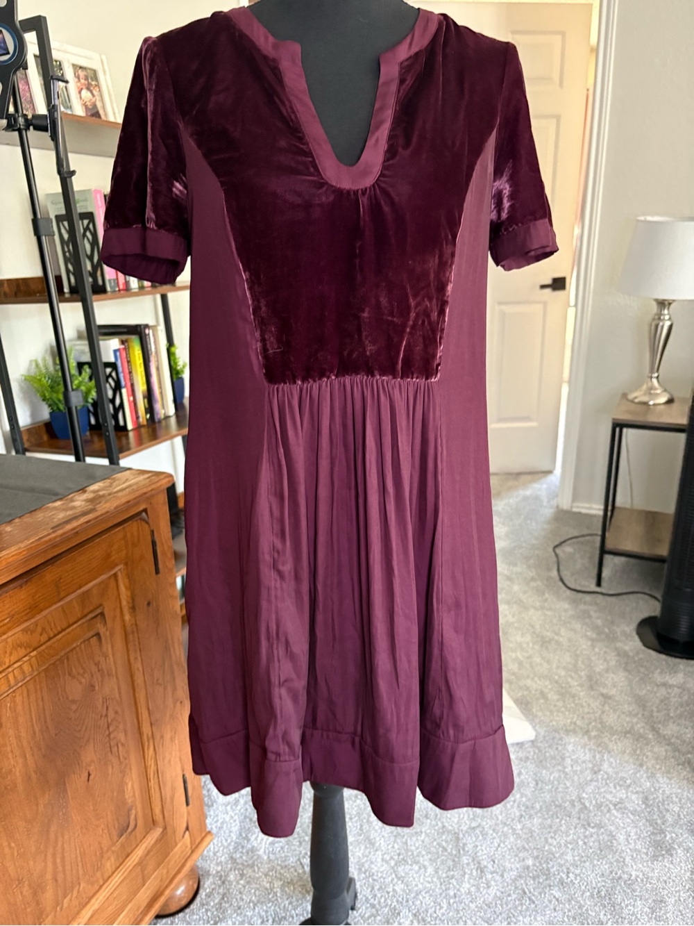 Maeve Velvet Yoke Midi Dress in Deep Burgundy